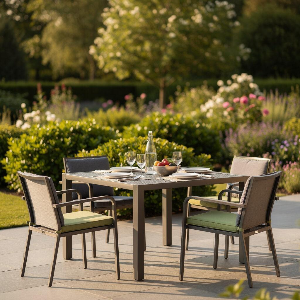 Wetterfeste Sets mit Gartentischen und -stühlen für Mahlzeiten im Freien bietet Gartenmöbel Maier